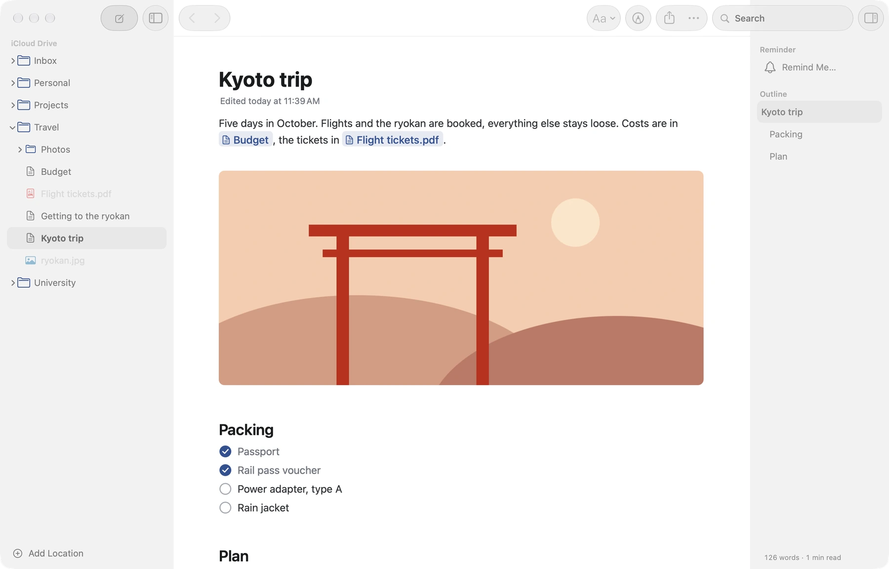 Notebook showing the note Kyoto trip: links to Budget and Flight tickets.pdf, a picture of a torii gate and a packing checklist, with the folders of iCloud Drive in the sidebar